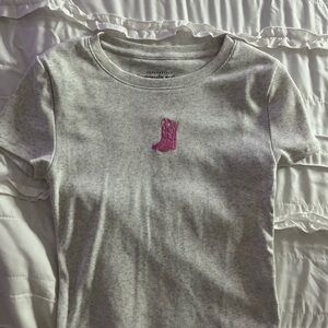 Grey top with pink cowboy boot embroidery